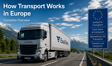 Transport cu camionul pe autostrăzile Europei, logistică, mișcarea mărfurilor între țările UE, lanț de aprovizionare modern